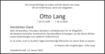 Traueranzeige von Otto Lang von Haller Tagblatt