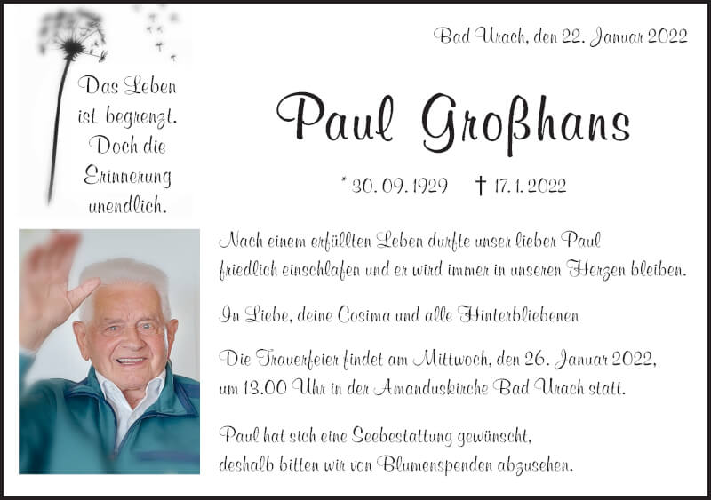  Traueranzeige für Paul Großhans vom 22.01.2022 aus Alb-Bote/Metzinger-Uracher Volksblatt