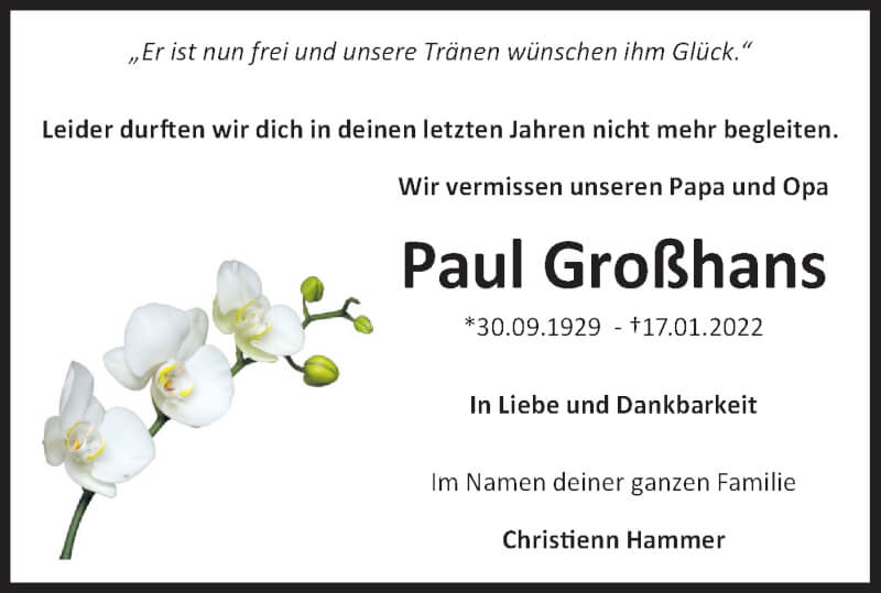  Traueranzeige für Paul Großhans vom 22.01.2022 aus Metzinger-Uracher Volksblatt