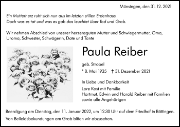 Traueranzeige von Paula Reiber von Alb-Bote/Metzinger-Uracher Volksblatt