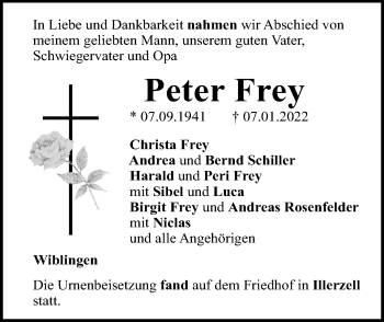 Traueranzeige von Peter Frey von SÜDWEST PRESSE Ausgabe Ulm/Neu-Ulm