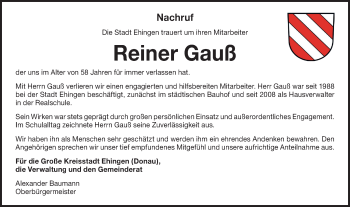 Traueranzeige von Reiner Gauß von Ehinger Tagblatt