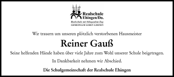 Traueranzeige von Reiner Gauß von Ehinger Tagblatt