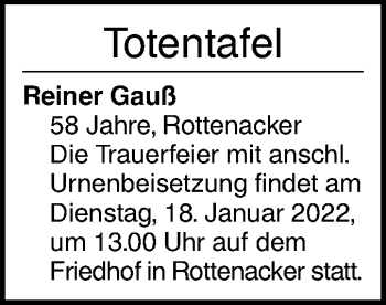 Traueranzeige von Reiner Gauß von Ehinger Tagblatt