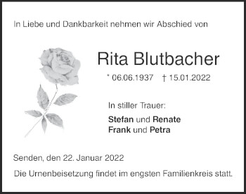 Traueranzeige von Rita Blutbacher von SÜDWEST PRESSE Ausgabe Ulm/Neu-Ulm