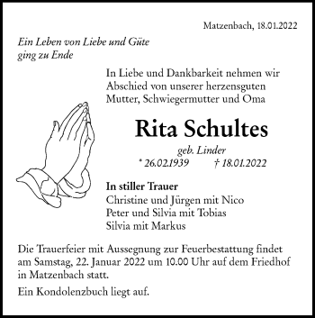 Traueranzeige von Rita Schultes von Hohenloher Tagblatt