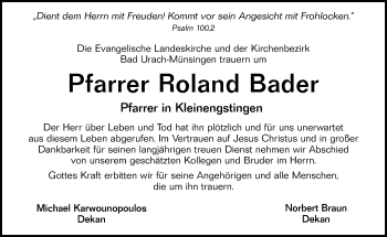 Traueranzeige von Roland Bader von Alb-Bote/Metzinger-Uracher Volksblatt