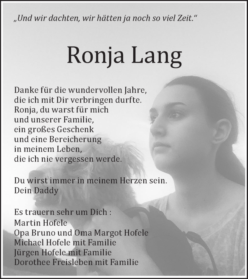  Traueranzeige für Ronja Lang vom 21.01.2022 aus NWZ Neue Württembergische Zeitung