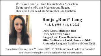 Traueranzeige von Ronja  Lang von NWZ Neue Württembergische Zeitung