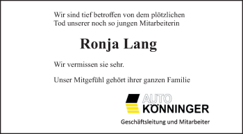 Traueranzeige von Ronja Lang von NWZ Neue Württembergische Zeitung