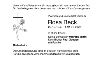 Traueranzeige von Rosa Beck von Illertal Bote