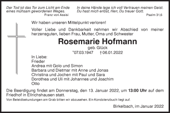 Traueranzeige von Rosemarie Hofmann von Hohenloher Tagblatt