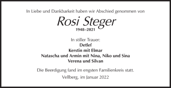 Traueranzeige von Rosi Steger von Haller Tagblatt