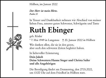 Traueranzeige von Ruth Ebinger von SÜDWEST PRESSE Ausgabe Ulm/Neu-Ulm