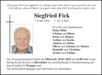 Traueranzeige von Siegfried Fick von Illertal Bote