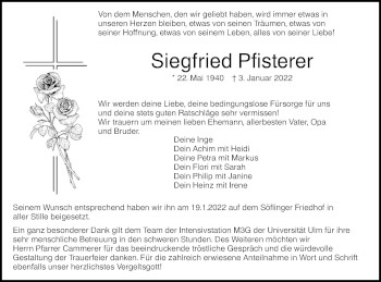 Traueranzeige von Siegfried Pfisterer von SÜDWEST PRESSE Ausgabe Ulm/Neu-Ulm