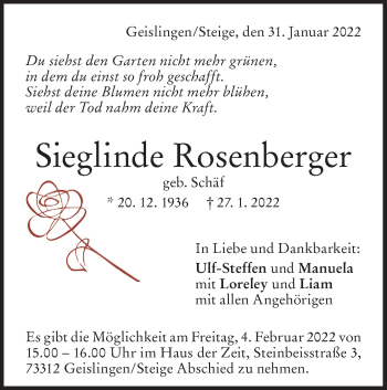 Traueranzeige von Sieglinde Rosenberger von Geislinger Zeitung