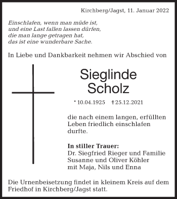 Traueranzeige von Sieglinde Scholz von Hohenloher Tagblatt