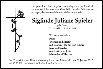 Traueranzeige von Siglinde Juliane Spieler von Hohenloher Tagblatt