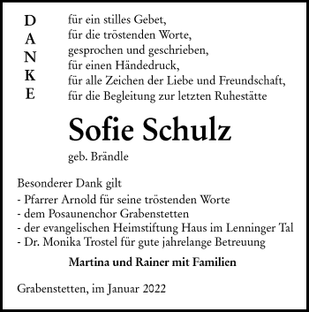 Traueranzeige von Sofie Schulz von Alb-Bote/Metzinger-Uracher Volksblatt