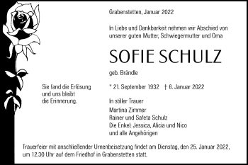 Traueranzeige von Sofie Schulz von Alb-Bote/Metzinger-Uracher Volksblatt