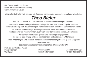 Traueranzeige von Theo Bieler von Hohenloher Tagblatt