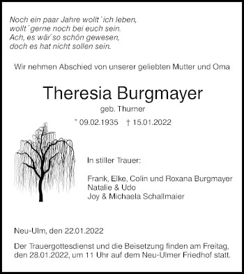 Traueranzeige von Theresia Burgmayer von SÜDWEST PRESSE Ausgabe Ulm/Neu-Ulm