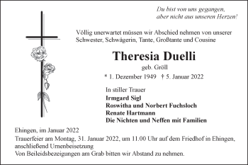 Traueranzeige von Theresia Duelli von Ehinger Tagblatt