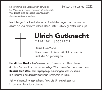 Traueranzeige von Ulrich Gutknecht von SÜDWEST PRESSE Ausgabe Ulm/Neu-Ulm