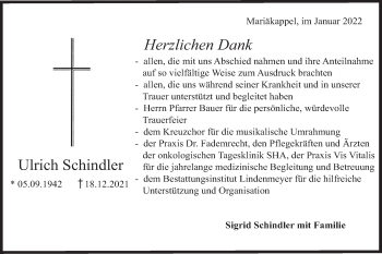 Traueranzeige von Ulrich Schindler von Hohenloher Tagblatt