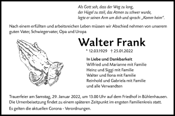 Traueranzeige von Walter Frank von SÜDWEST PRESSE Ausgabe Ulm/Neu-Ulm