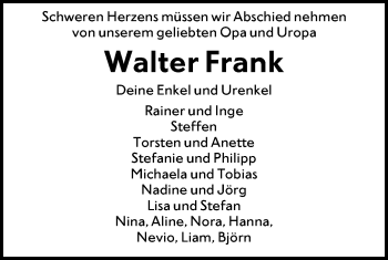 Traueranzeige von Walter Frank von SÜDWEST PRESSE Ausgabe Ulm/Neu-Ulm