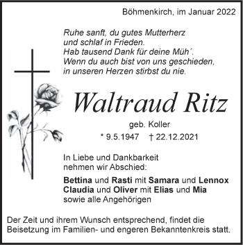 Traueranzeige von Waltraud Ritz von Geislinger Zeitung