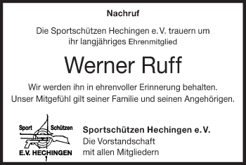 Traueranzeige von Werner Ruff von Metzinger-Uracher Volksblatt