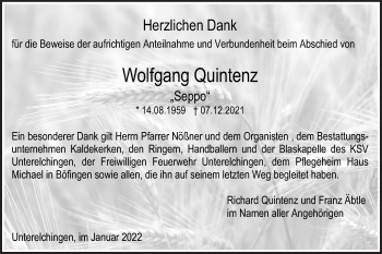 Traueranzeige von Wolfgang Quintenz von SÜDWEST PRESSE Ausgabe Ulm/Neu-Ulm