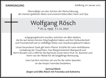 Traueranzeige von Wolfgang Rösch von NWZ Neue Württembergische Zeitung