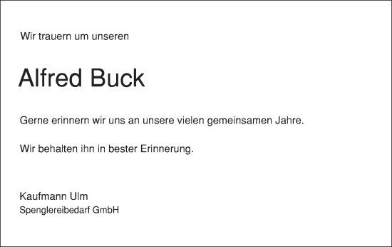 Traueranzeige von Alfred Buck von SÜDWEST PRESSE Ausgabe Ulm/Neu-Ulm