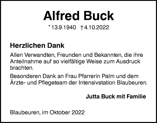 Traueranzeige von Alfred Buck von SÜDWEST PRESSE