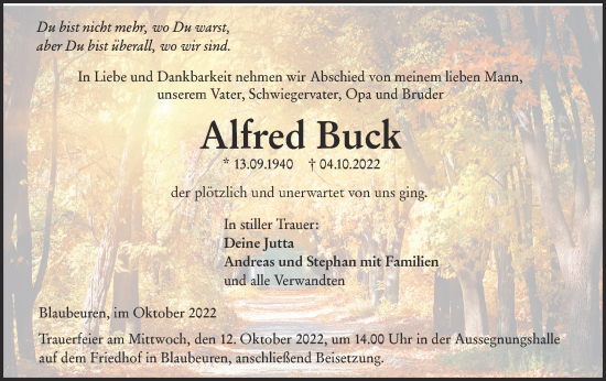 Traueranzeige von Alfred Buck von SÜDWEST PRESSE Ausgabe Ulm/Neu-Ulm