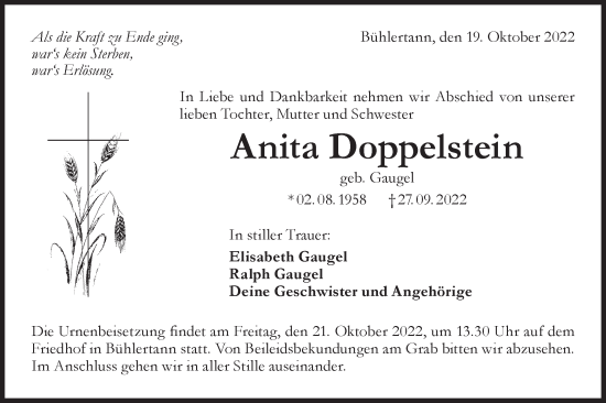 Traueranzeige von Anita Doppelstein von Haller Tagblatt