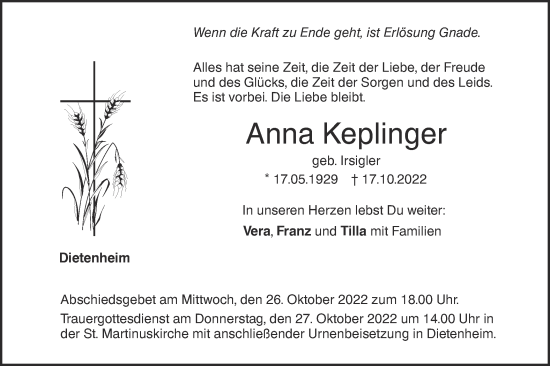 Traueranzeige von Anna Keplinger von SÜDWEST PRESSE Ausgabe Ulm/Neu-Ulm