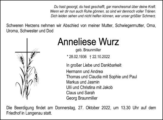 Traueranzeige von Anneliese Wurz von SÜDWEST PRESSE Ausgabe Ulm/Neu-Ulm