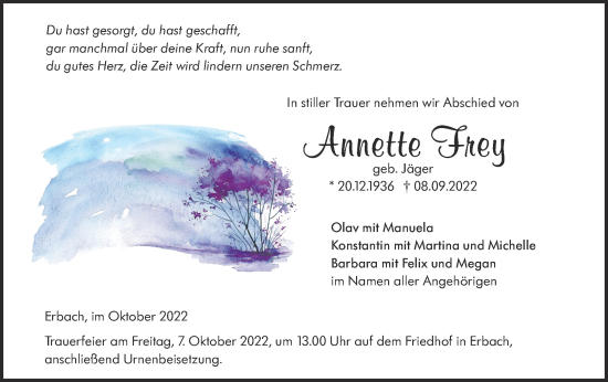 Traueranzeige von Annette Frey von SÜDWEST PRESSE Ausgabe Ulm/Neu-Ulm