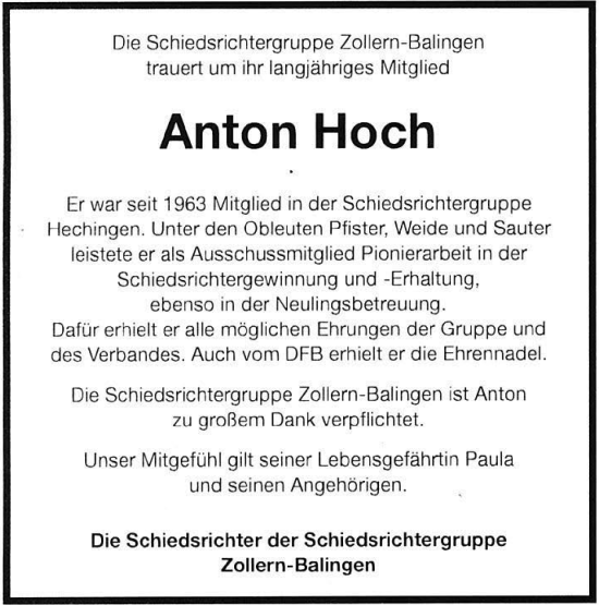 Traueranzeige von Anton Hoch von Metzinger-Uracher Volksblatt