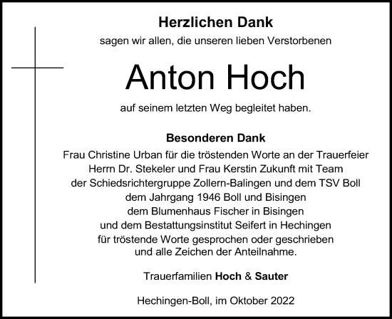 Traueranzeige von Anton Hoch von Metzinger-Uracher Volksblatt