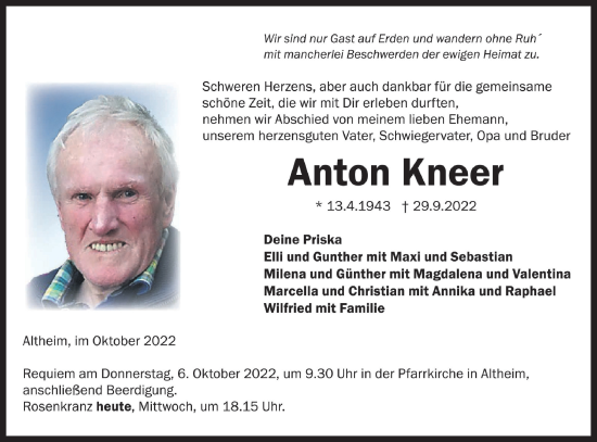 Traueranzeige von Anton Kneer von Ehinger Tagblatt