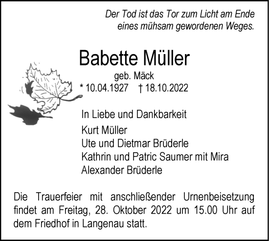 Traueranzeige von Babette Müller von SÜDWEST PRESSE Ausgabe Ulm/Neu-Ulm