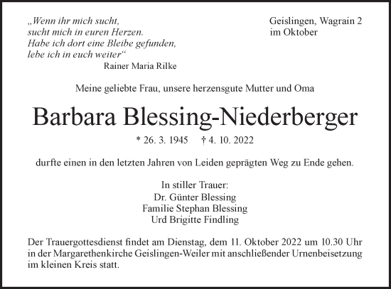 Traueranzeige von Barbara Blessing-Niederberger von Geislinger Zeitung