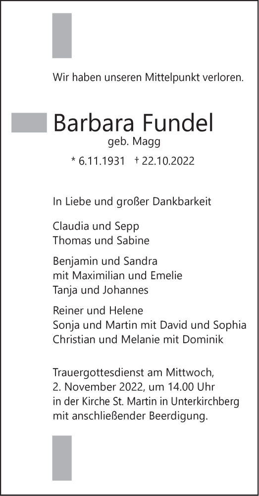 Traueranzeige von Barbara Fundel von SÜDWEST PRESSE Ausgabe Ulm/Neu-Ulm