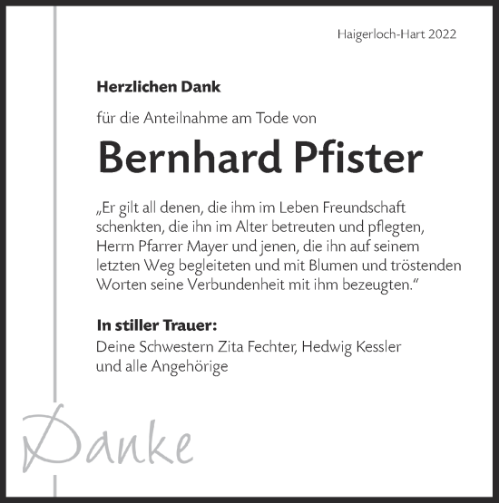 Traueranzeige von Bernhard Pfister von Metzinger-Uracher Volksblatt